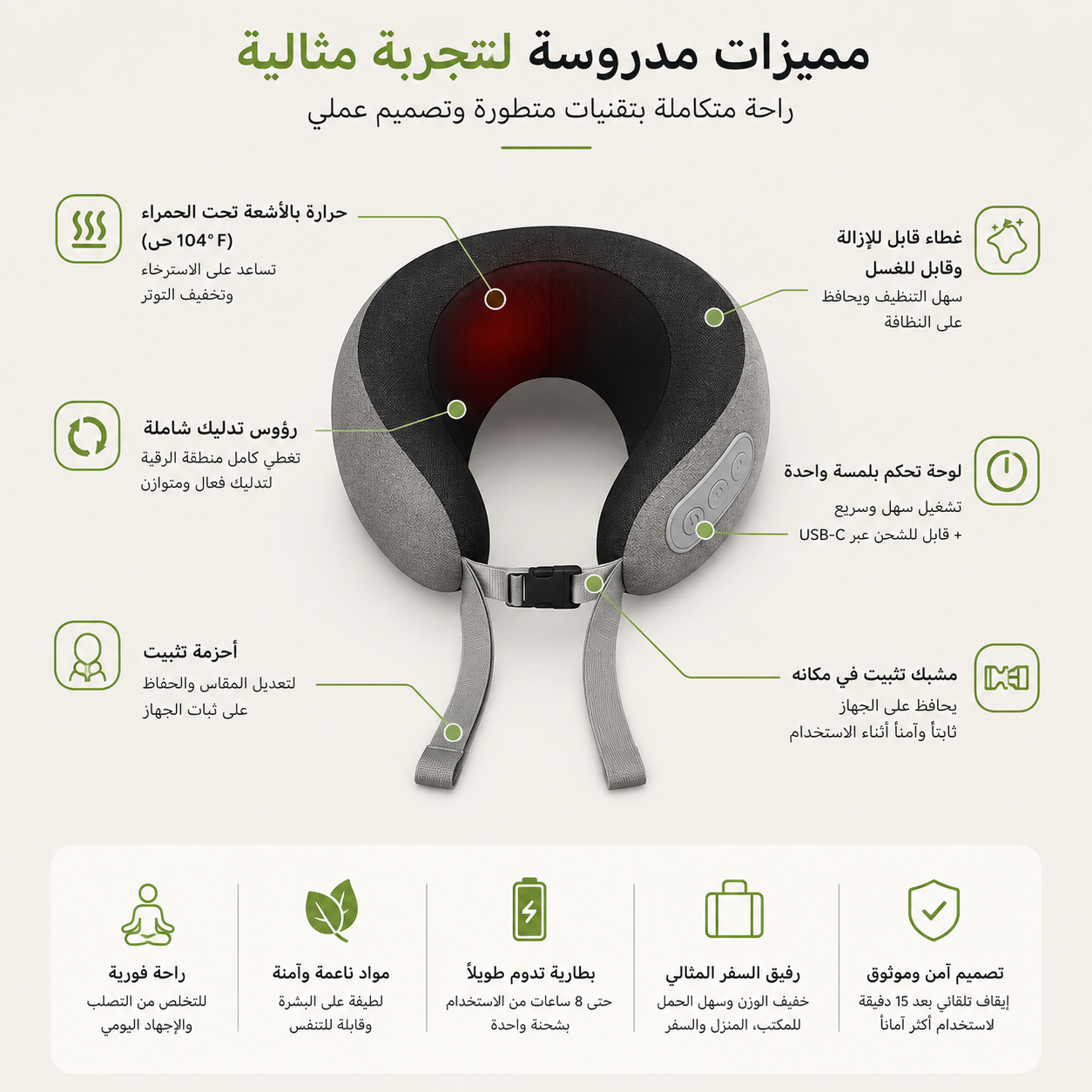 وسادة تدليك الرقبة الذكية مع حرارة مهدئة وشحن USB-C